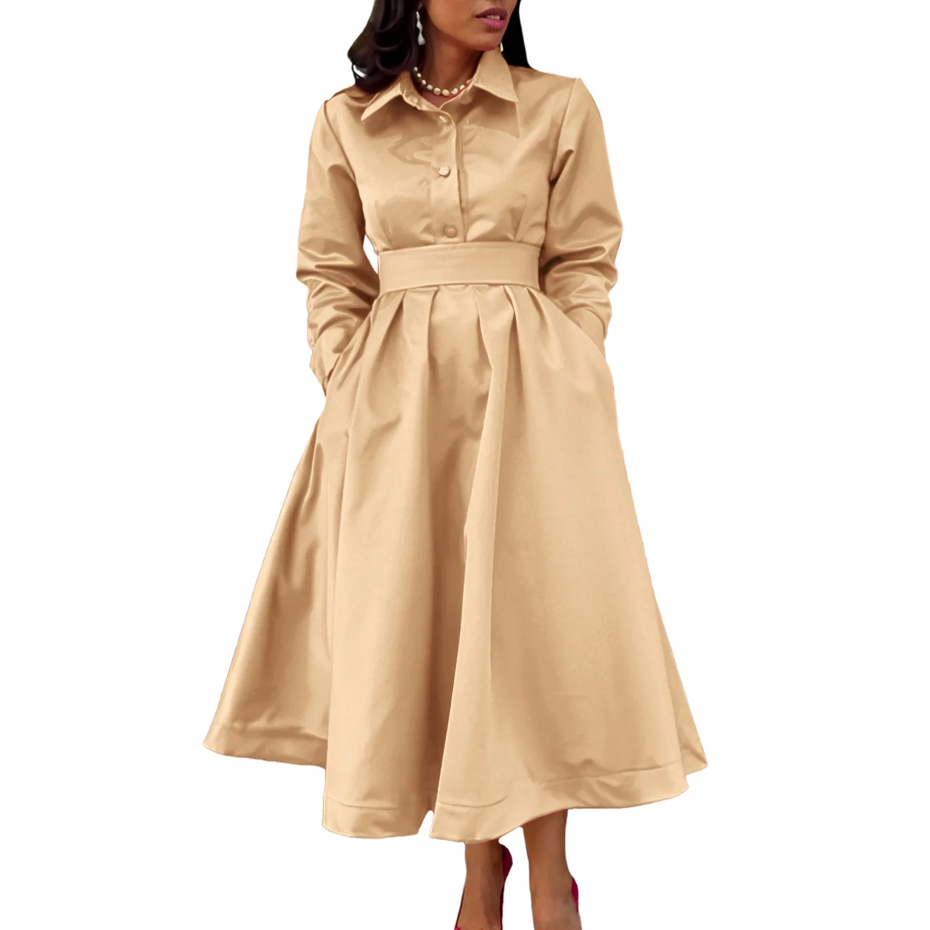 thumbnail image 1 of Vestido de fiesta de manga larga con cintura alta y cuello vuelto elegante retro de oficina ajustado de talla grande informal de primavera y otoño para mujer, 1 of 5