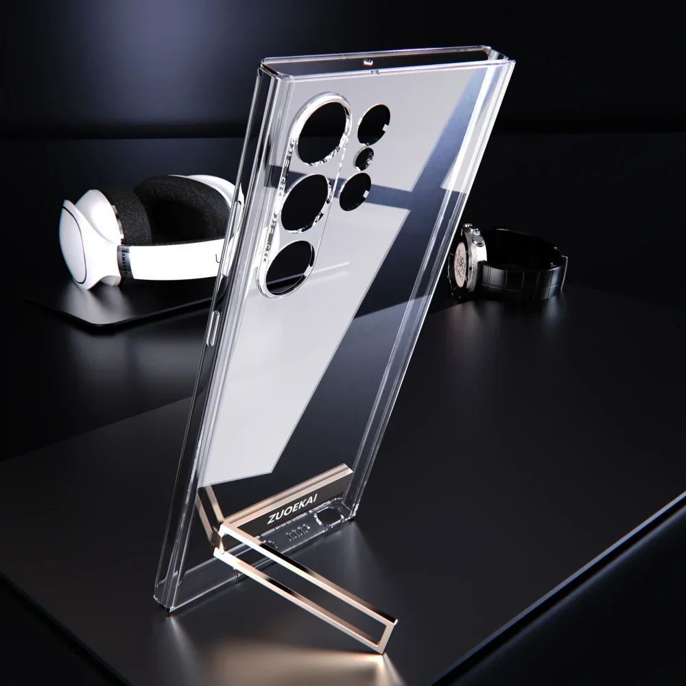 For Samsung Galaxy S24 Ultra S24 S24Plus Transparent Kickstand Case with Bracket Standing Transverse Protective Clear Soft Cases