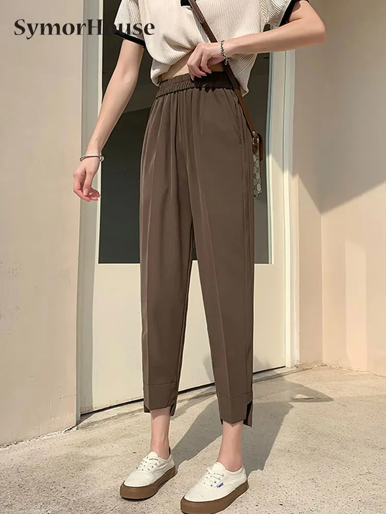 

Spring Summer Autumn Women's Suit Pants Office Lady Black Straight Pants Elastic Wasit Elegant Casual Ankle-Length Pencil Pants