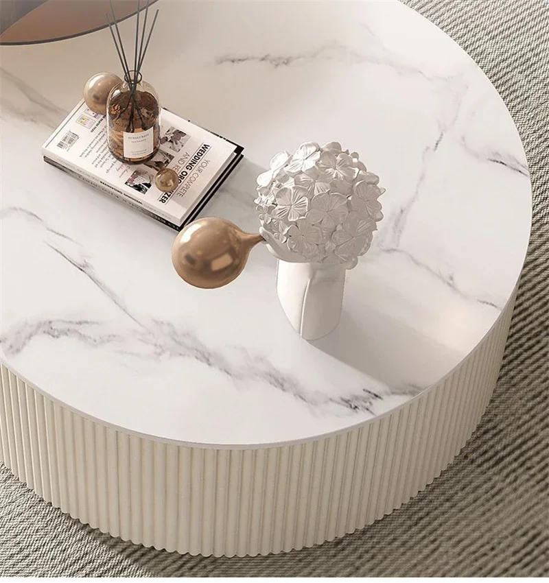 Nordic Rock Slab TV Stands Coffee Table Set Minimalist TV Cabinet Small Apartment Cream Round Coffee Table Living Room Furniture