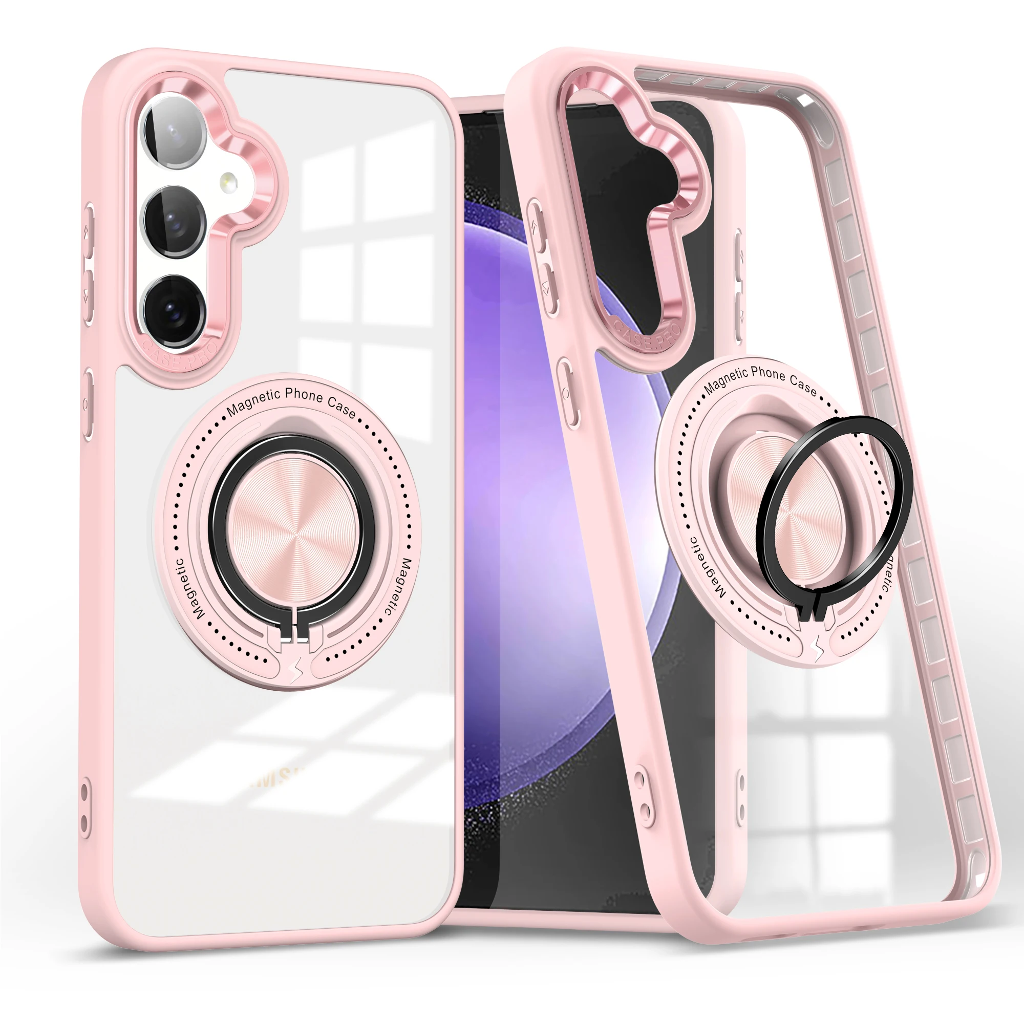Clear Metal Ring Holder MagSafe Charging Phone Case with Shockproof Hard Cover and Metal Camera Frame
