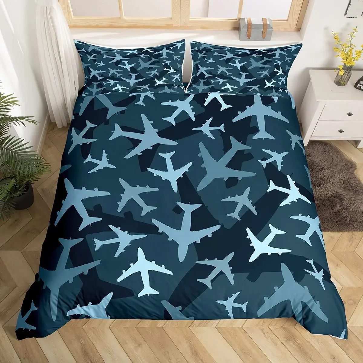 Cartoon Aircraft Duvet Cover Set Full Size Blue Green Airplane Bedding Set 3Pcs Army Camo Comforter Cover for Kids Boys Teen Men