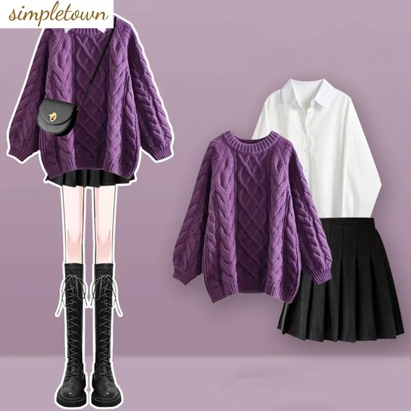 Oversized Women's Autumn and Winter Set 2023 New Solid Knitted Sweater with Shirt Pleated Skirt Three Piece Set