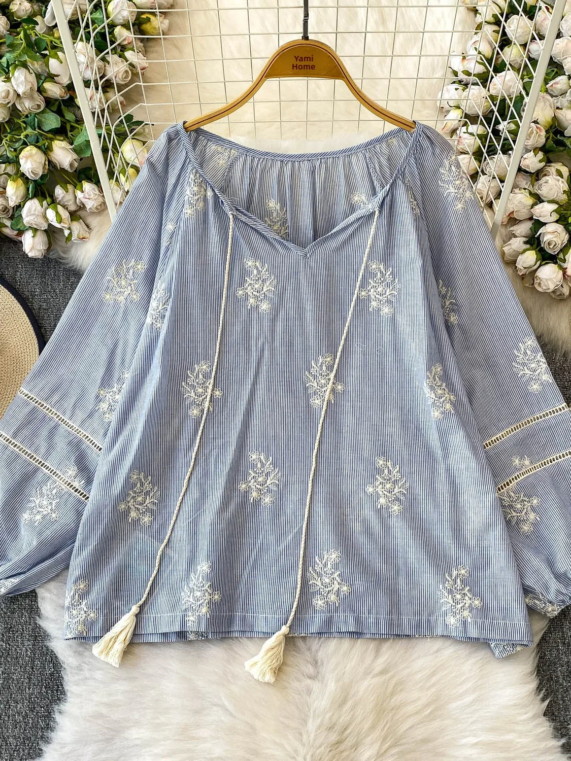 Ele Embroidered Loose Fit irt Women's V Ne Lantern Sve Top with Belt Korean Sle Commute Faion Sun Protection B...