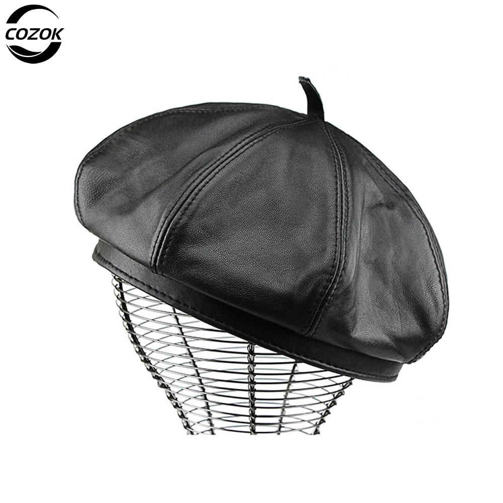 

Women Beret Hat Vintage Red Womens Hats Genuine Leather Sheepskin Solid Autumn Winter Hat