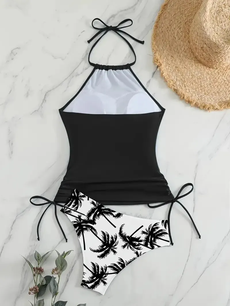 Coconut Tree Sunset Pattern Drawstring Two Piece Swimsuit Strapless Tie Neckline Backless Stretchy Low Rise Swimsuit women swimsuit,women two piece sets