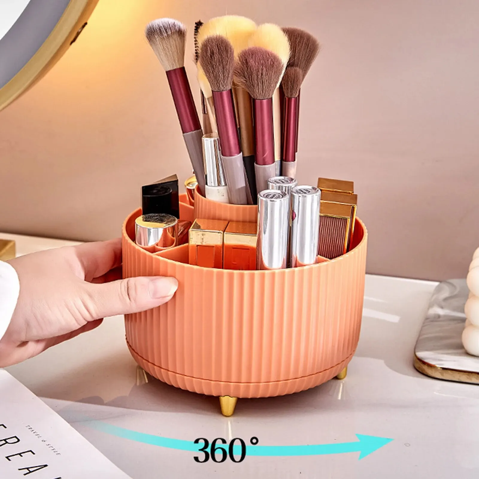 

Makeup Brush Holder 6 Slots Make Up Tools Storage Cup 360 Degree Rotating Waterproof Space-Saving for Dresser Finishing