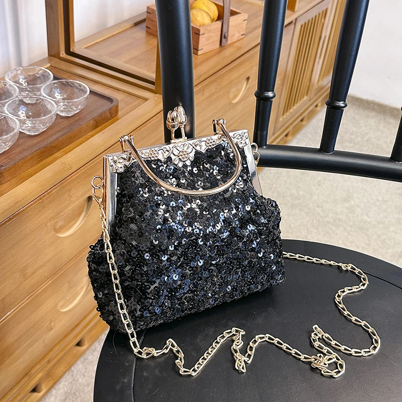 2023 Trend Designer Clutch Bag Silver Sequin Party Evening Chain