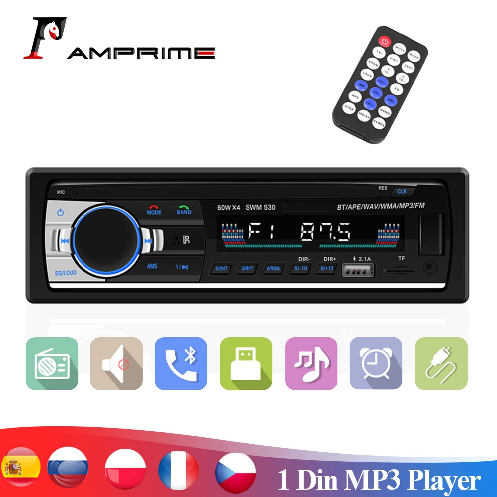 AMPrimeAutoradio1DinCarRadioAudioStereoBluetoothUSBAUXFM