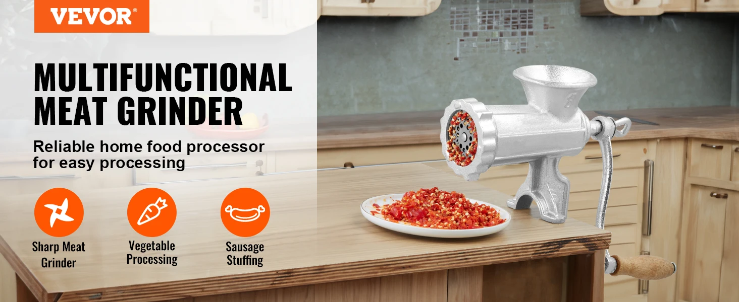 VEVOR manual meat grinder in a kitchen with minced meat on a plate, showcasing multifunctional use.