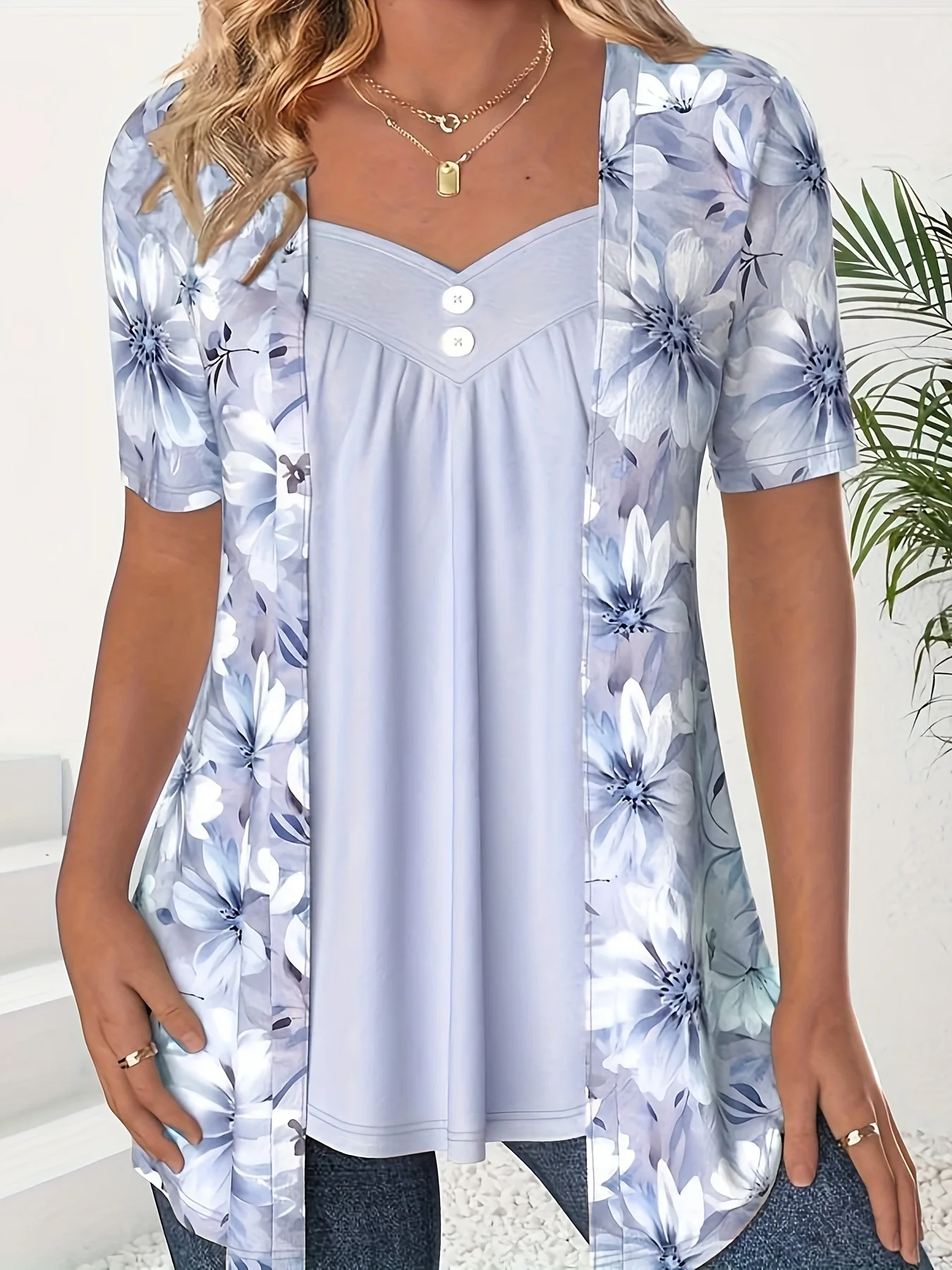Large Sizes Women T Shirts Summer Fashion Casual Fake Two Piece Short Sleeve Loose Flower Print Patchwork Shirts Plus Size Tops 2