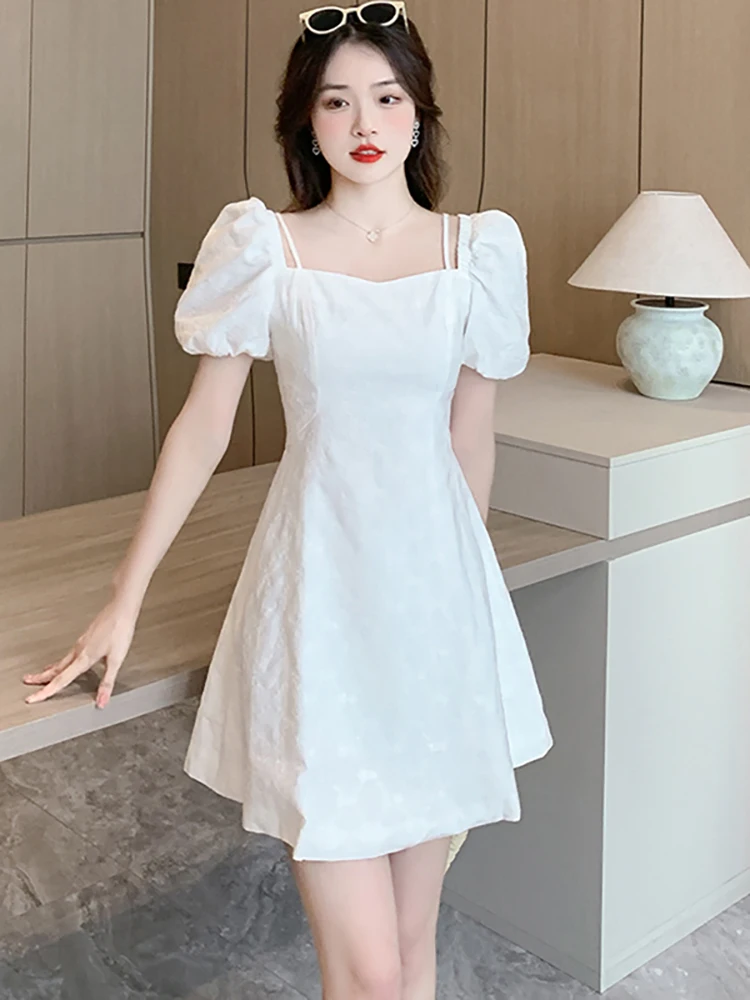 Black Embroidery Floral Puff Sleeve Square Collar Mini Dress
