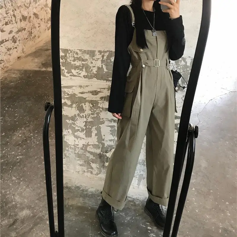

Women Jumpsuits Korean Version Loose Hanging Strap Wide Leg Pants Retro Strap Pants for Female Adjustable Waist Belt