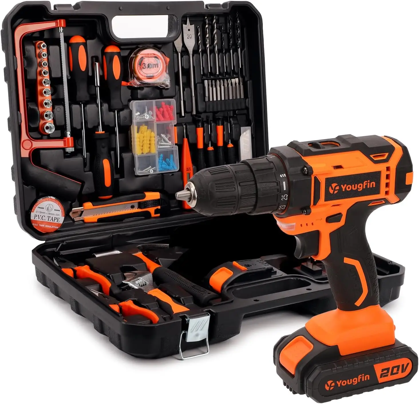 Yougfin 118 Pcs Power Tool Combo Kits with 20V Cordless Drill (3/8