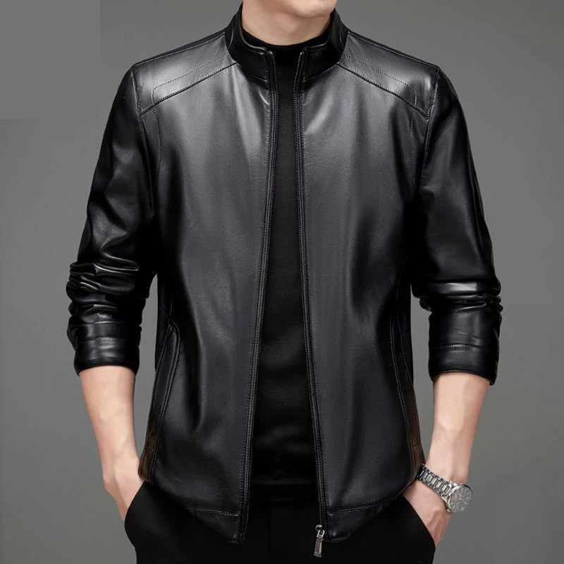 2026 New Men's Genuine Leather Spring Autumn Jacket Thin Sheepskin Casual Middle-aged Dad Leather Coat Zipper Closure Long Sl... - 4