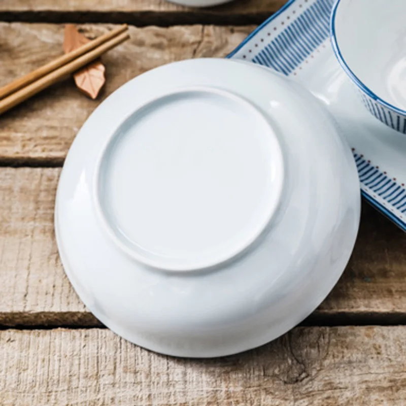 8in Japanese Ceramic Dinner Plate Blue And White Striped Deep Dessert Steak Tray Chinese Tableware