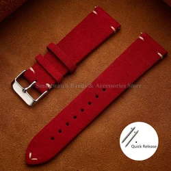 Vintage Suede Leather Hand - Stitched Quick Release Watch Strap Bracelet - 18mm (Red)