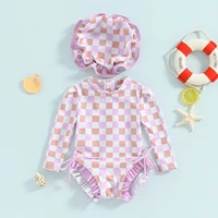 Cute Sweet Style Baby Girls Rash Guard Swimsuit Beach Wear Long Sleeve Floral Print Bathing Suit For Infant Swimwear with Hats 2