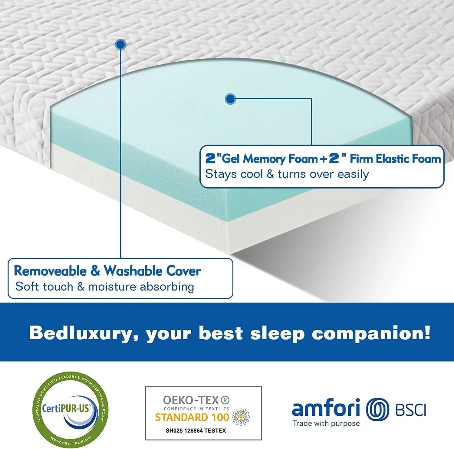 Bed Luxury Mattress Topper Memory Foam 4 Inch King Size Gel Rayon Made from Bamboo Cover Soft & Breathable