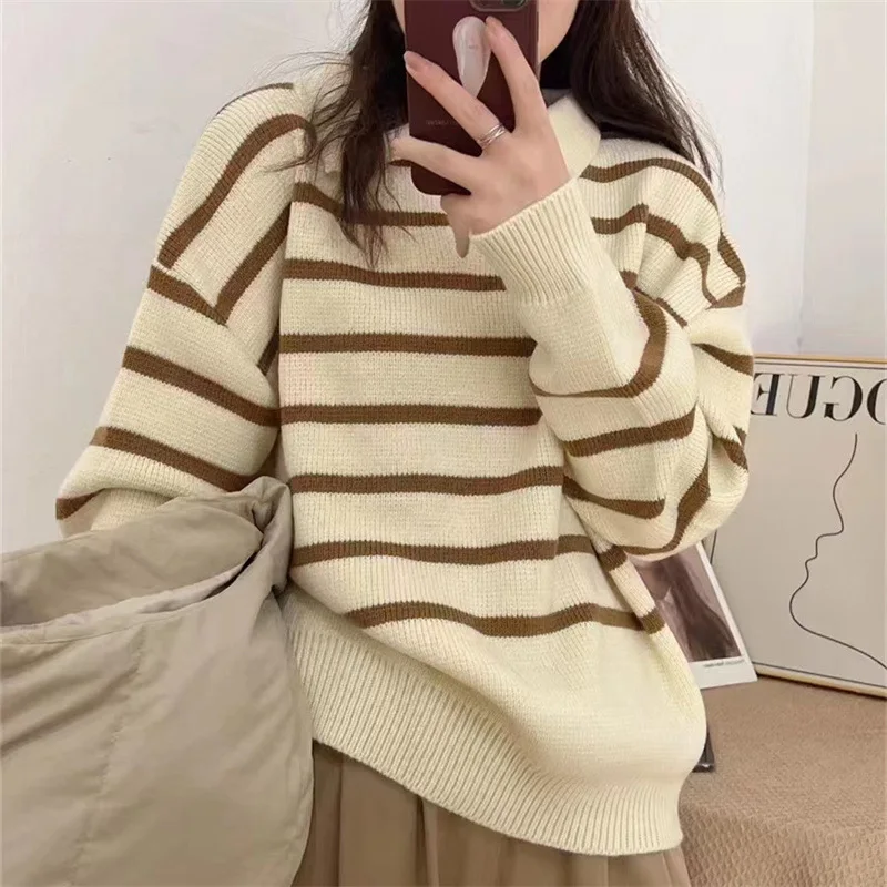 

Pullover 2023 autumn and winter new loose Japanese small lapel knitted sweater women striped casual pullover knitted sweater