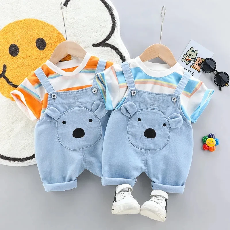 Baby clothes boys and girls 0-4 years old summer short-sleeved overalls set cotton cartoon cute overalls baby two-piece suit baby knitted clothing set