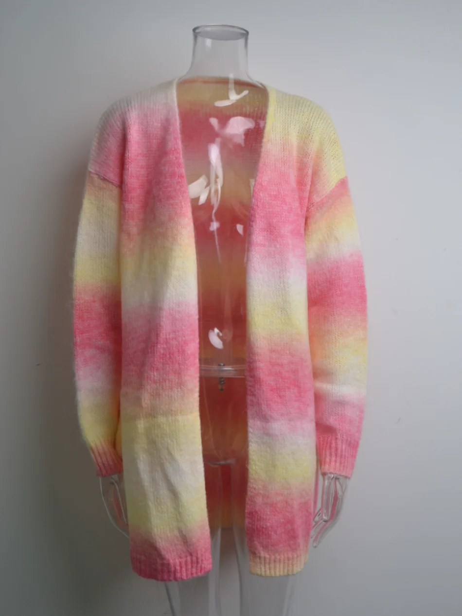 2024 New Winter European American Sweaters Rainbow Tie-dye Mid-length Oversized Cardigan Women Knitwear Jacket Long Sleeved Tops