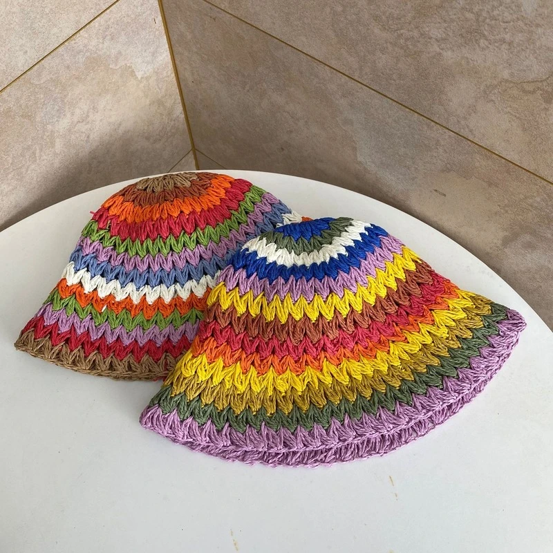 wool bucket hat womens Womens Straw Hat Rainbow Crochet Hand-made Panamas UV Protection Sun Visor Beach Hats Women Visors Foldable Summer Sun Hat frog bucket hat