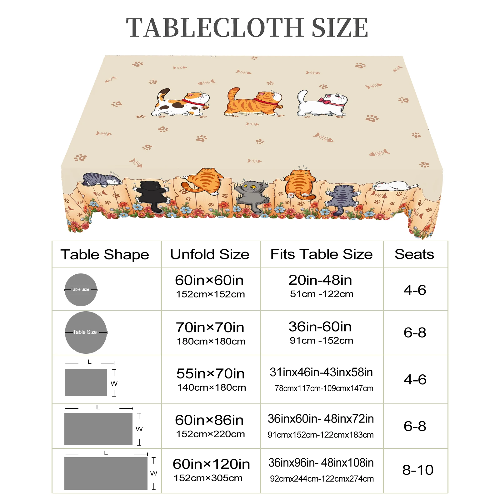 1 Piece of Cute Cat Round Tablecloth, 5 Sizes Available,Cute Cartoon Cat Pattern Printed Desk Tablecloth, Edge Embossing Process 6