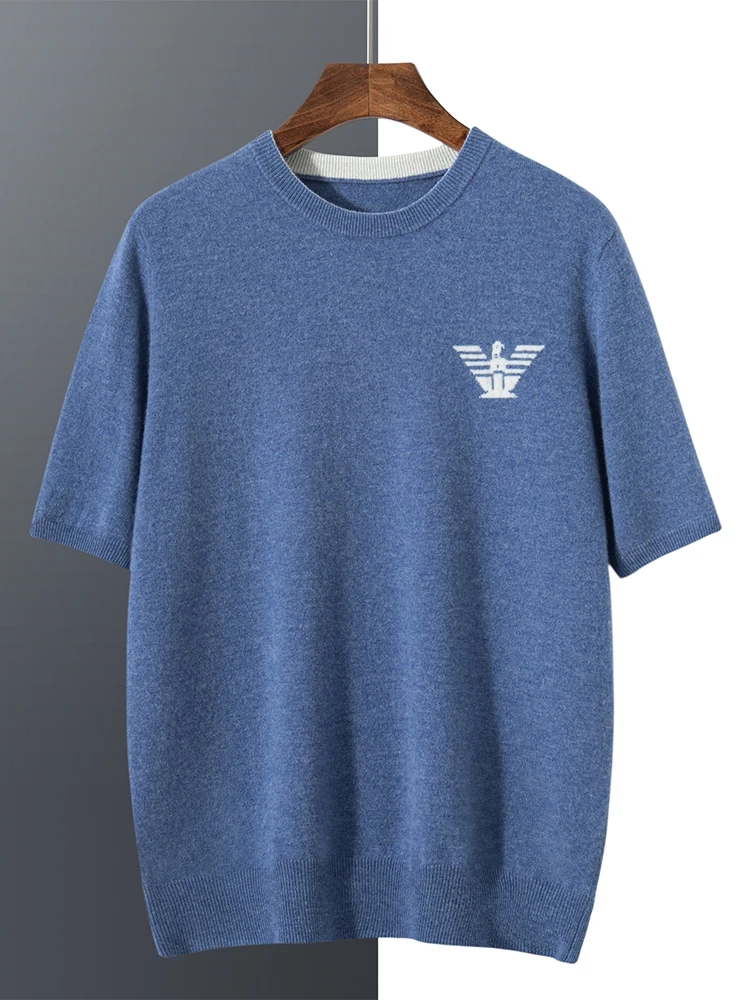 Fashion Spring Summer Men's 100% Cashmere O-Neck Knitted Sweater Classic Pattern Short Sleeve Shirt Man Clothes Loose Pullover