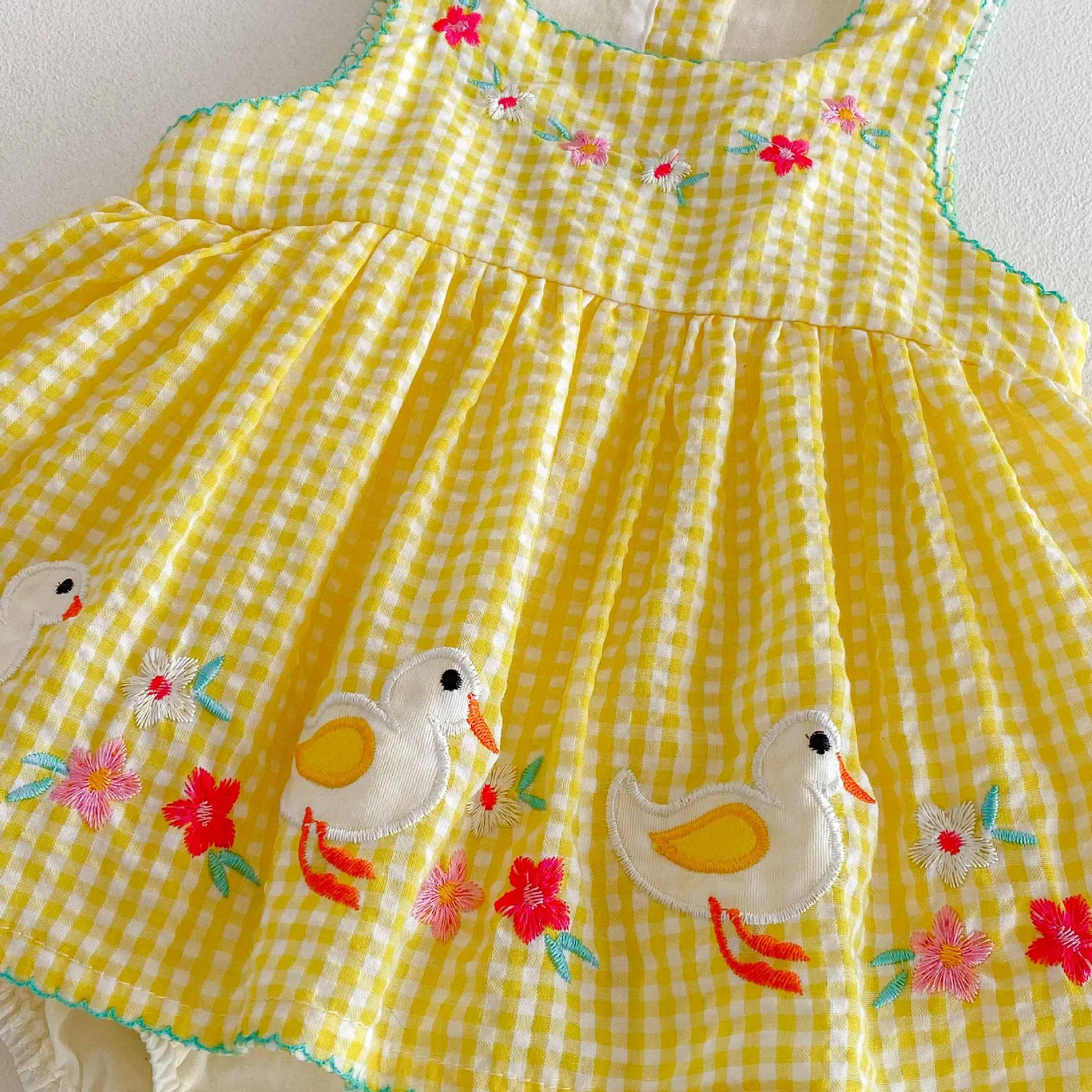 Cotton Baby Girl Summer Onesie with Yellow Plaid and Duck Patterns
