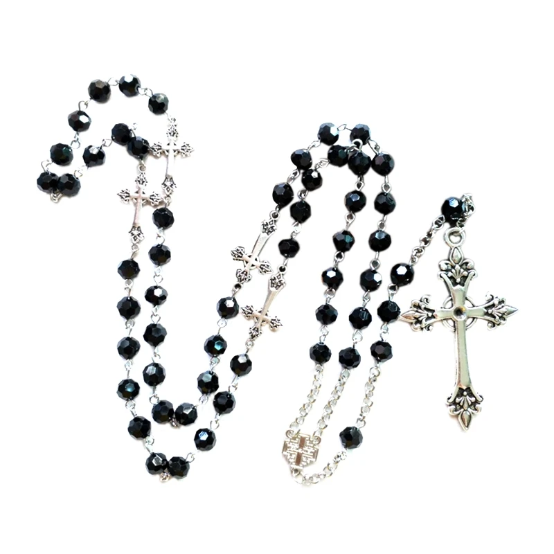 Presents Black Crystal Rosary Necklaces Long for Cross Decor Gift for Teen Women