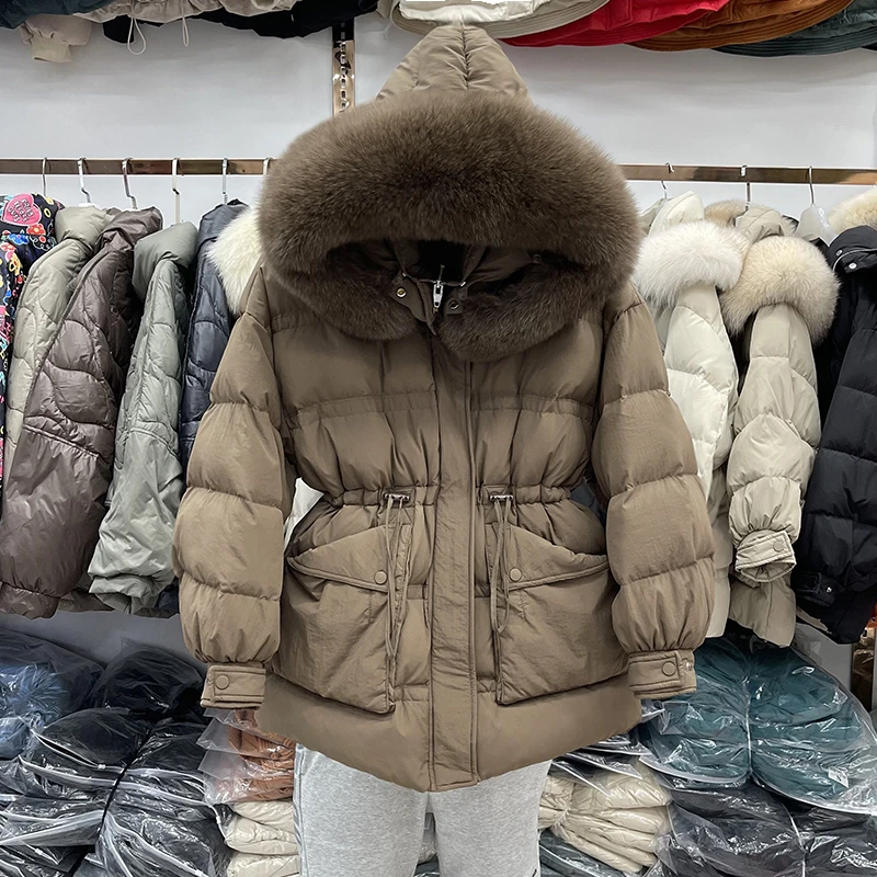 2023 damskie zimowe nowe grube ciepłe płaszcze z kapturem kobiet prawdziwy  lis odzież wierzchnia z futrzanym kołnierzem panie luźny, biały kurtki z  puchu kaczego E419| | - AliExpress
