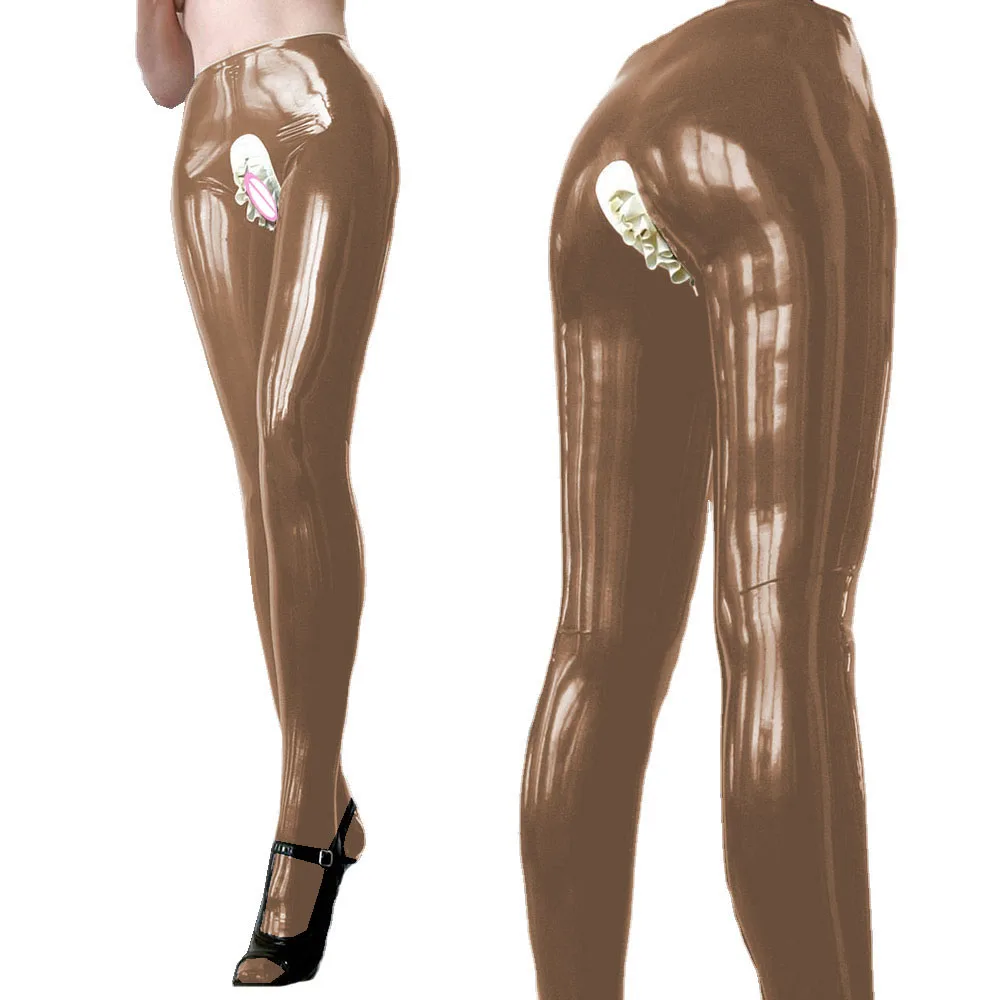 Women's Skinny Faux PVC Leather Legging,Sexy Crotch Pants,Exotic Ruffles,Open Crotch Pants,High Waist,Soft Latex,Fetish Trousers