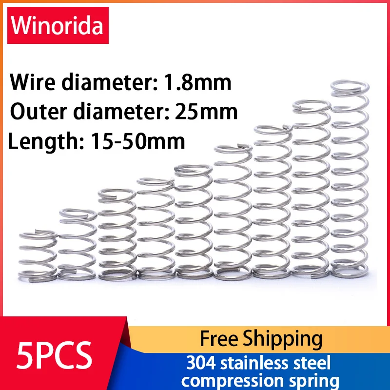 

304 Stainless Steel Compression Spring Return Spring Steel Wire Diameter 1.8mm Outside Diameter 25mm Pressure Spring 5/10 Pcs