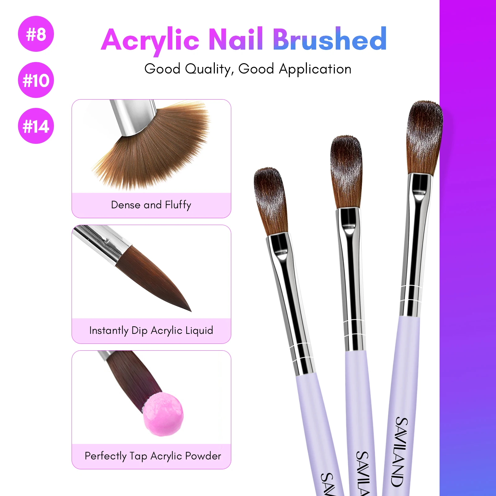 Saviland 240ml Monomer Acrylic Nail Liquid with 3pcs Acrylic Brushes Size 8/10/14 for Acrylic Powder Nails Extension Salon DIY 6