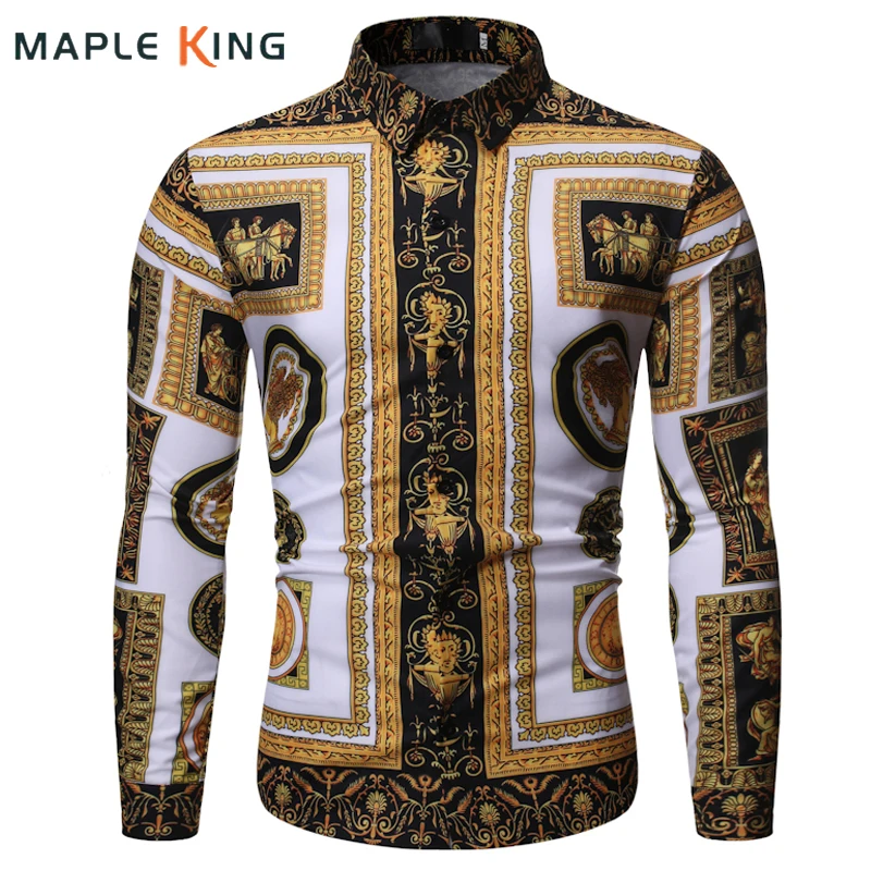 

Fashion Luxury Royal Shirt Korean Style Men Baroque Floral Printed Chemise Homme Manche Longue Slim Fit Male Casual Dress Shirt