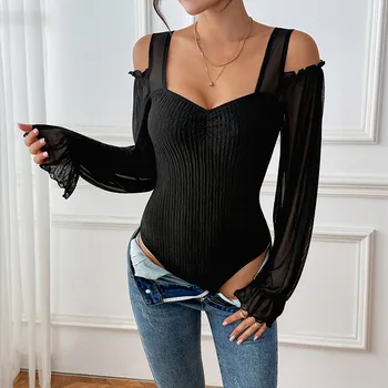 Women's Off Shoulder Bodysuit Sheer Mesh Sleeve Ribbed Fitted Body Suit 2026
