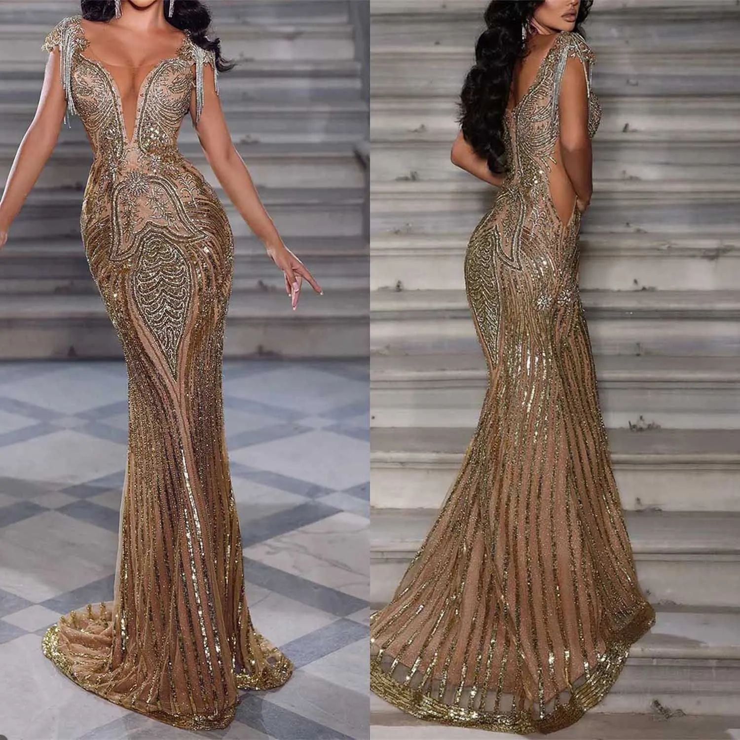 

Exquisite Golden Mermaid Evening Dresses V Neck Sequined Applique Beaded Gowns Sweep Train Vestidos De Noche Formal Prom Dress