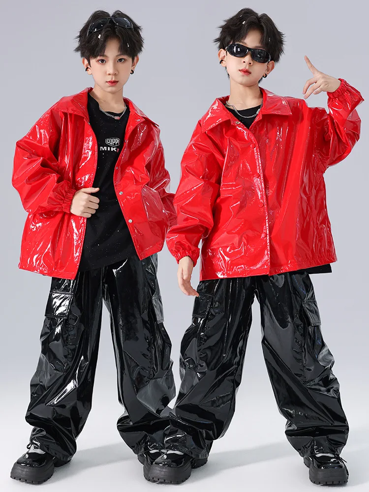 Children's Boys Gilrs Party Fashion Show Shiny Leather Jacket Pant Sets Kids Stage Dance Performance Clothes Coat Trousers Suits