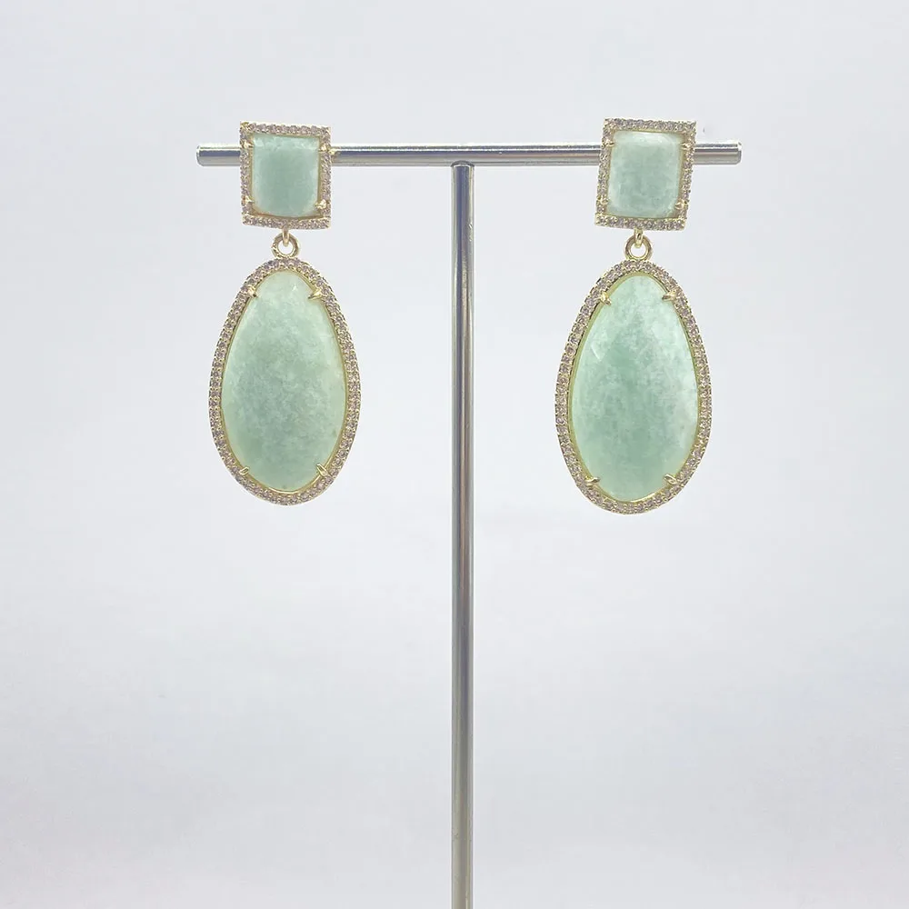 

Natural Faceted Amazonite Green Jades Druzy 18K Gold Color Plated CZ Dangle Stud Earrings For Women