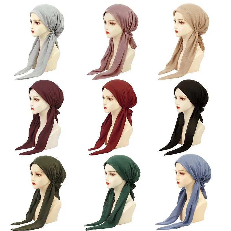

New Women Stretch Pre-Tied Turban Cap Muslim Hijab Inner Caps Hair Loss Cover Beanies Bonnet Tail Headscarf Hat Headwrap Caps