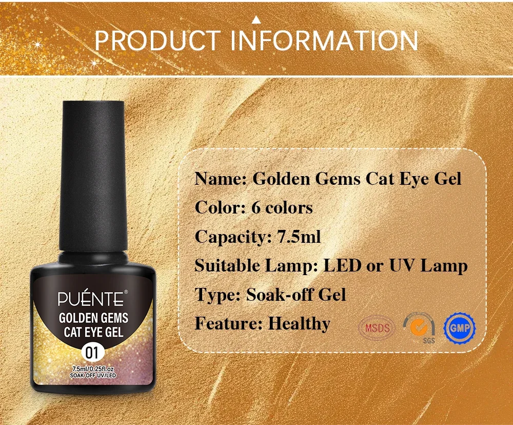 Description Picture 3 of item7.5ML Super Shiny Gold Glitter Cat Magnetic Nail Polish Golden Gems Cat Eye Gel Effect Soak Off Semi-Permanent Varnish Manicure