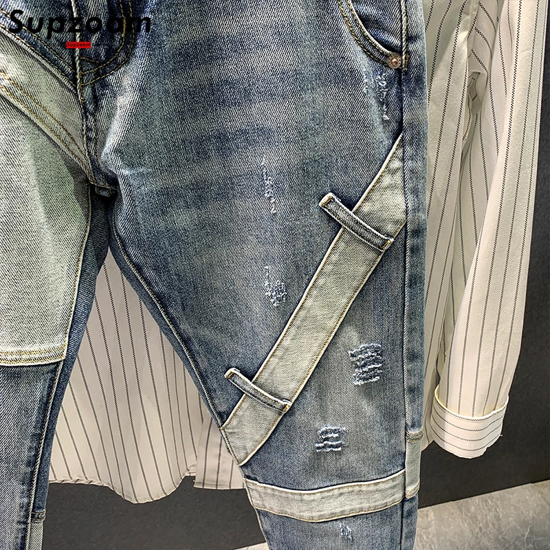Supzoom New Arrival Hot Sale Top Fashion Autumn Zipper Fly Stonewashed Casual Patchwork Cargo Denim Pockets Cotton Jeans Men