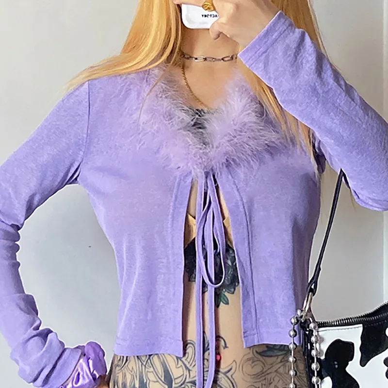 

New Purple V Neck Long Sleeve Cropped Tshirt Women Feathers Lace Up Bow Bandage Sexy T-shirt Femme Black Shirt
