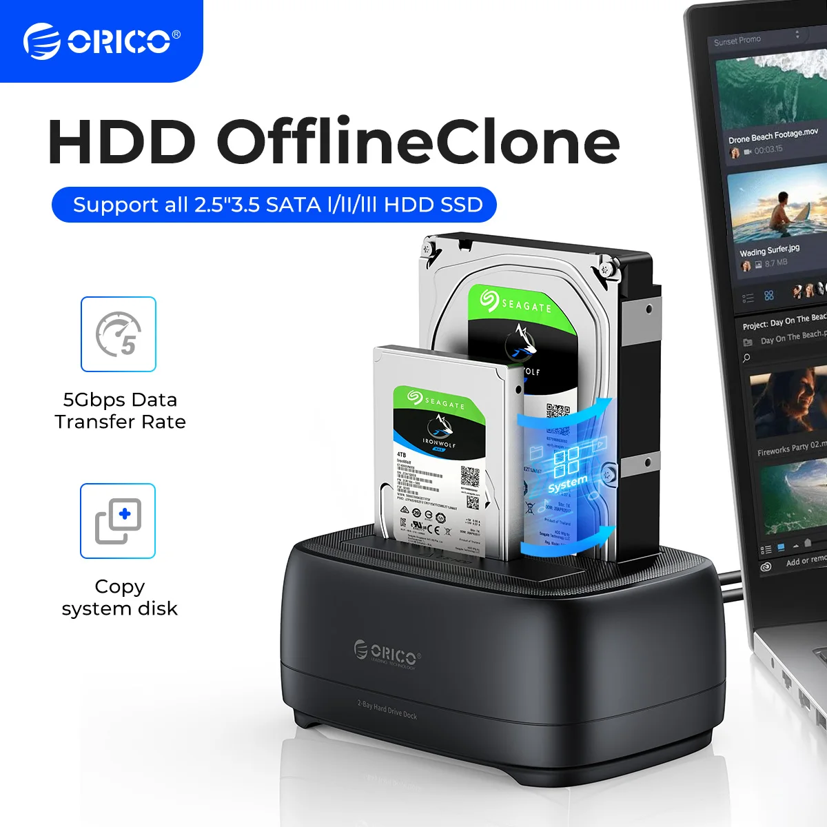 Orico-estação de Ancoragem do Disco Rígido Clone Offline Usb 3.0 e tipo c 5gbps Gabinete de Disco Rígido de Baía Dupla 2.5 3.5 Hdd Ssd