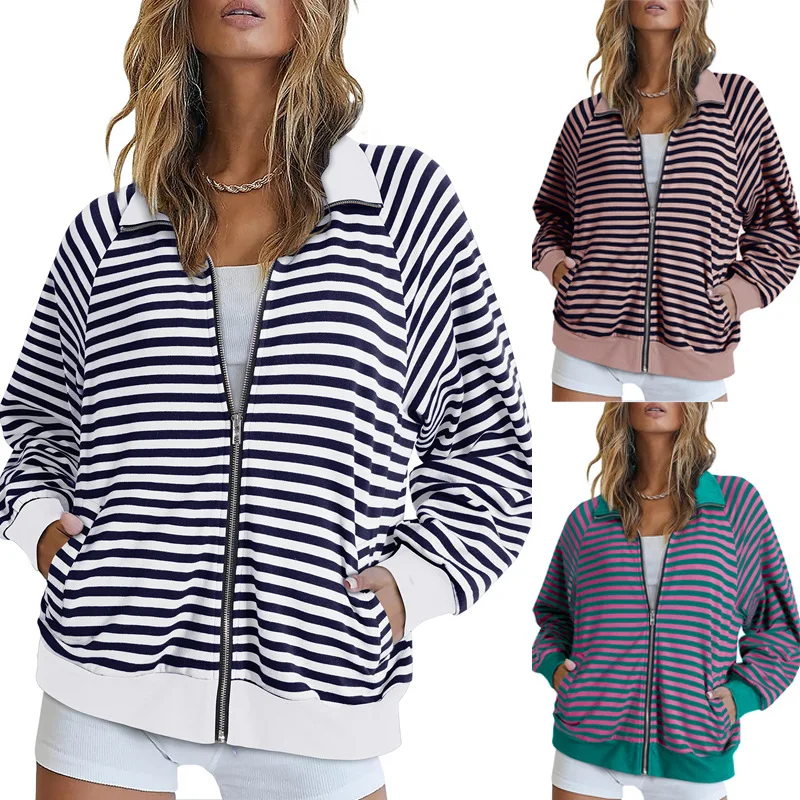 Women Autumn Striped Zip Up Jacket