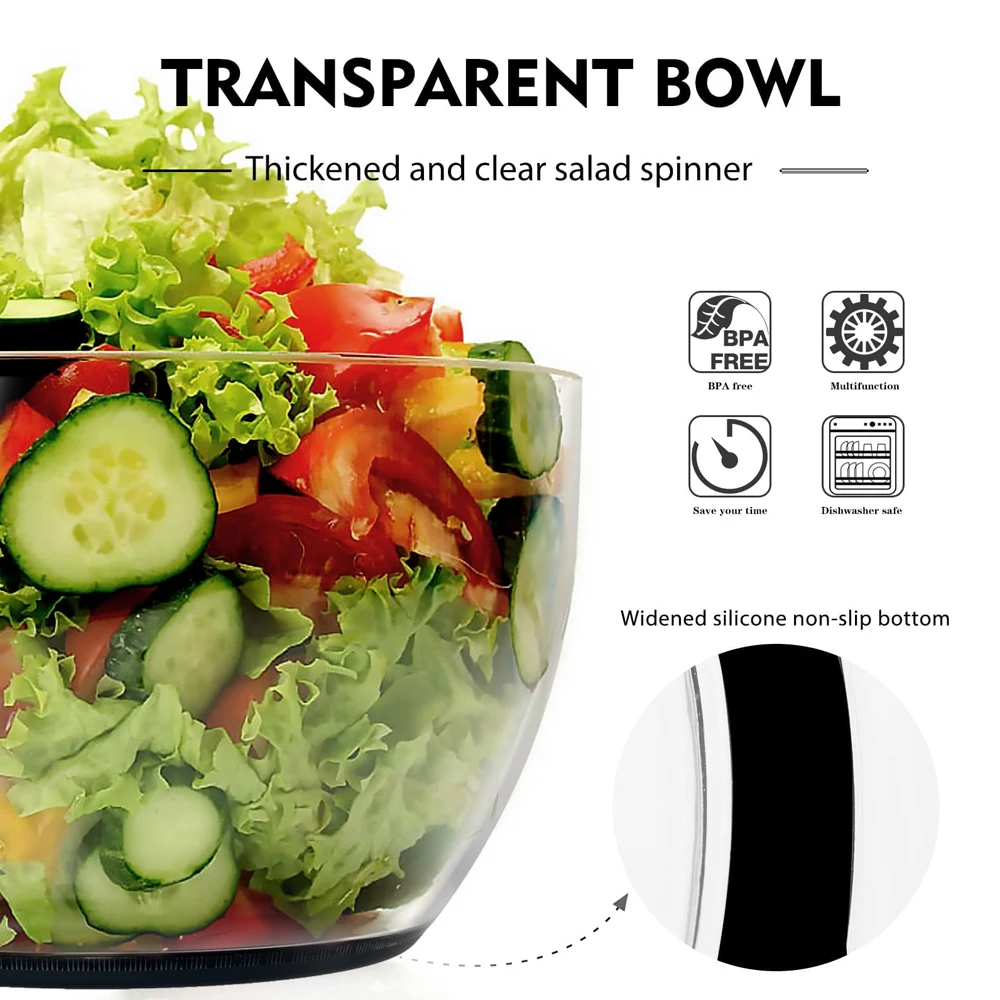Salad Spinner Lettuce Dryer, One-handed Press Large Salad Mixer with Comfortable and Retractable Pusher and Brake Button,6.3 QT