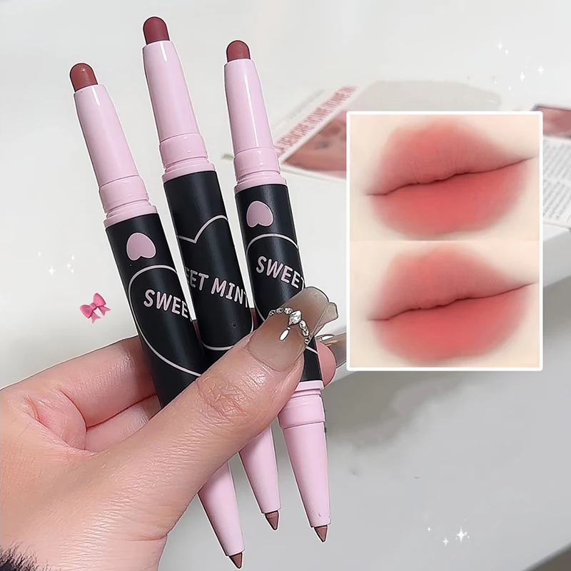 Double-end Lipliner Pencil 2 in 1 Sexy Nude Pink Red Lip Contour Matte Lipstick Waterproof Lasting Non-stick Cup Lip Tint Makeup 2