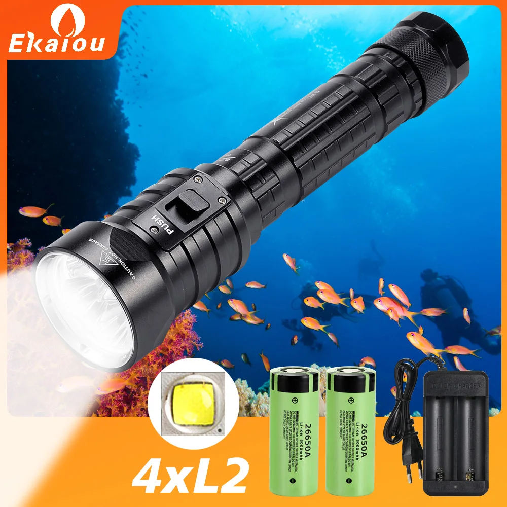 

New Strong Light Diving Flashlight 4 LEDs L2 Yellow / White Light Waterproof Super Bright 100M Outdoor Dive Fishing Lamp