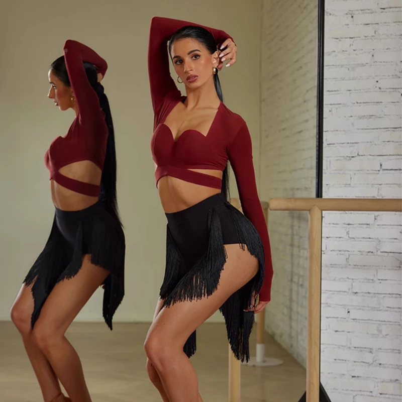 패션 라틴 댄스 드리 워진 스커트 여성 삼각형 Tassels 스커트 섹시한 Chacha Samba 라틴 댄스 착용 트레이닝 스커트 SL9559